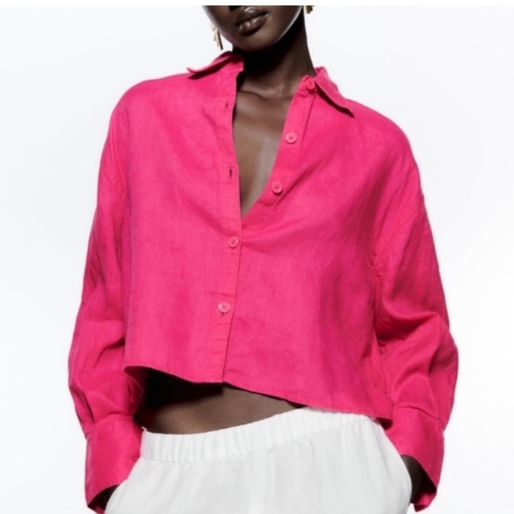 #8)  Zara high low pink button down shirts size Medium excellent condition